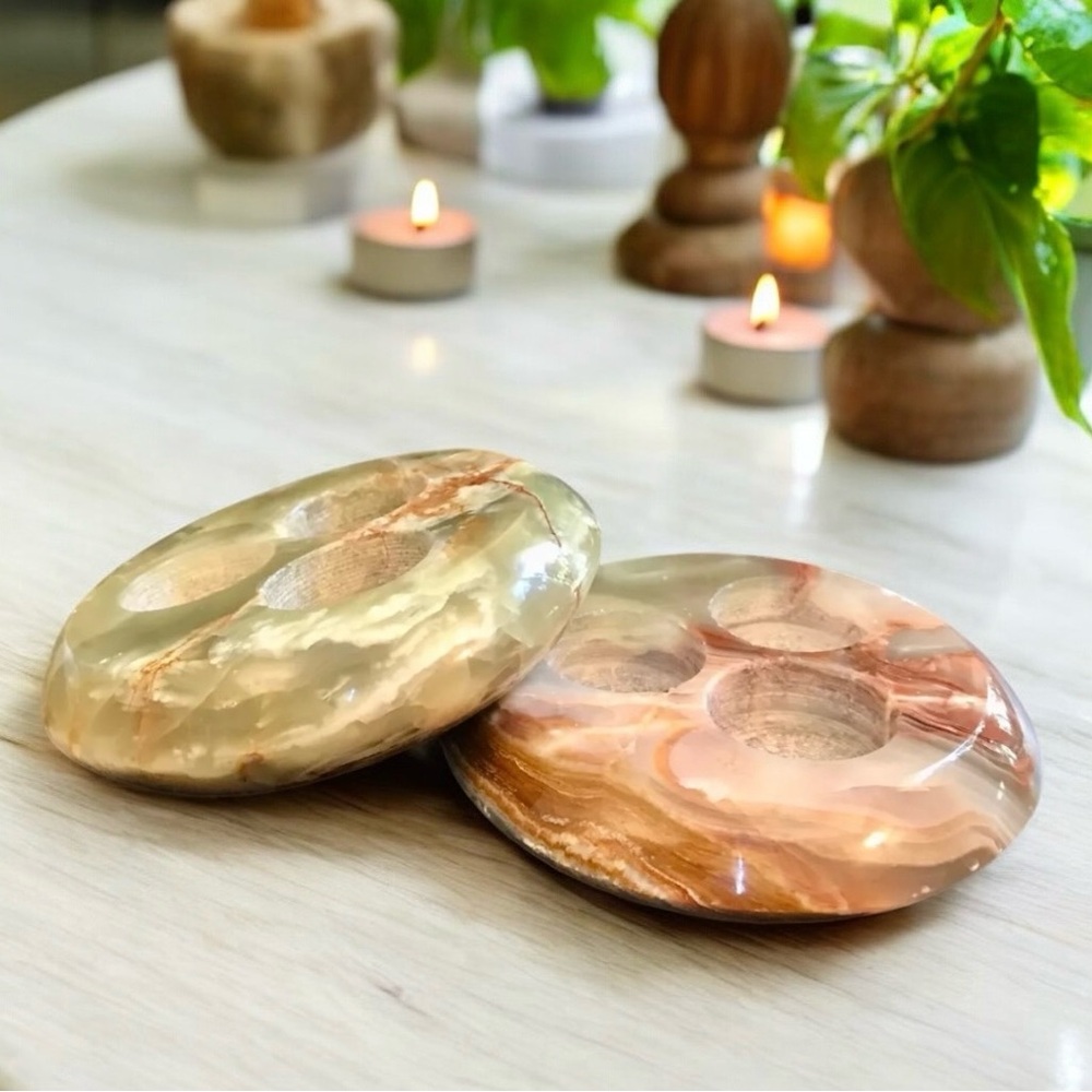 Set 2 Green Onyx Calcite Triple Tea Light Candle Holders Round 6” Stone Pakistan